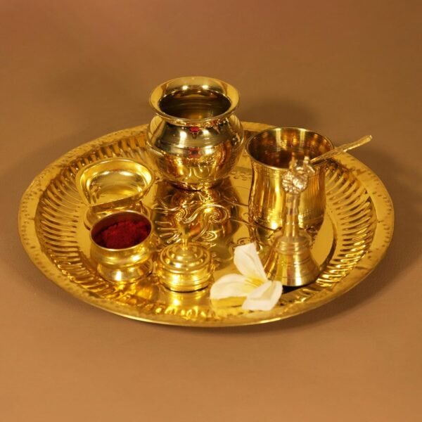 Traditional Brass Puja Thali – Handcrafted Ganesha Design Plate - Image 3