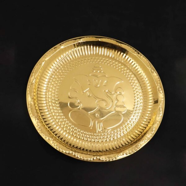 Traditional Brass Puja Thali – Handcrafted Ganesha Design Plate - Image 4