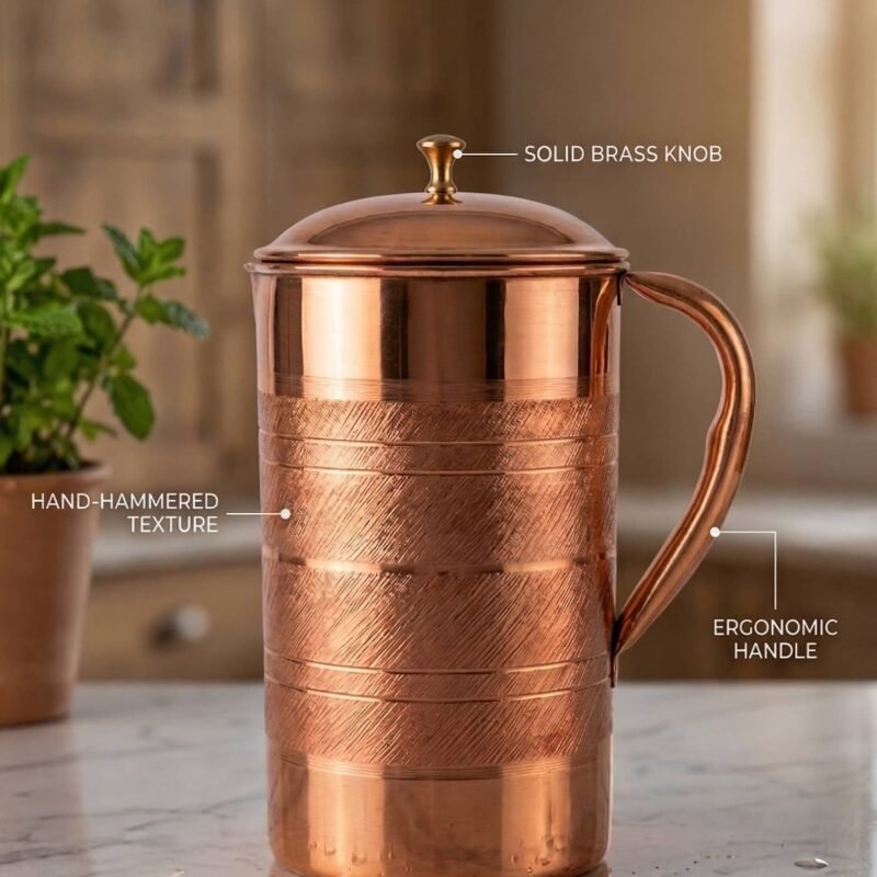 SF Pure Copper Hammered Jug Pitcher with Lid 1.5 Litre | Copper Water Vessel for Health Benefits