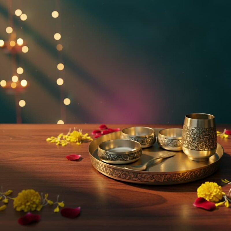 SF 6-Piece Kansa Dinner Set Matte Finish 1 Plate (11.5" Thali),2 Bowls,1 Glass,1 Sweet Dish Plate,1 Spoon Bronze Kansa Dinner Set eaching Design with Shine Polish