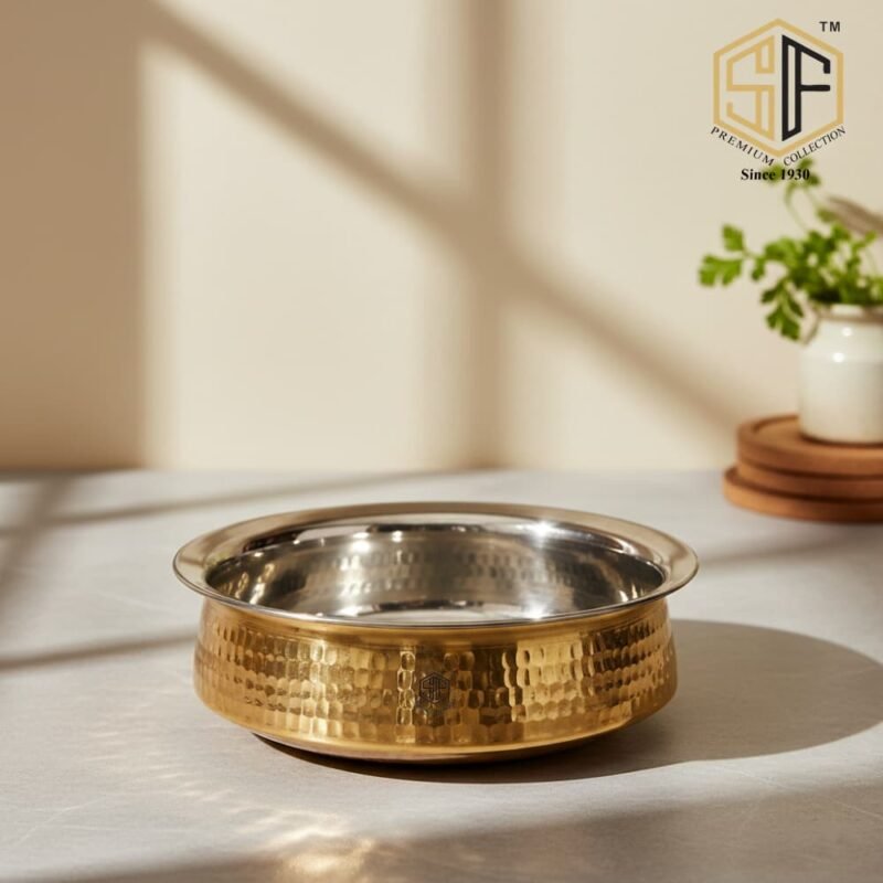 100% Pure Hammered, Polished Brass Lagan Handi/Patila - Excellent Heat Conductivity - Strong & Durable - Provides Proven Health Benefits - Easy to Clean & Maintain - 2.5 liter