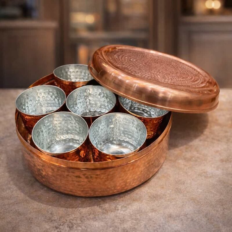 Copper Hammered Masala Dabba with 7 Compartments | Traditional Spice Box for Kitchen
