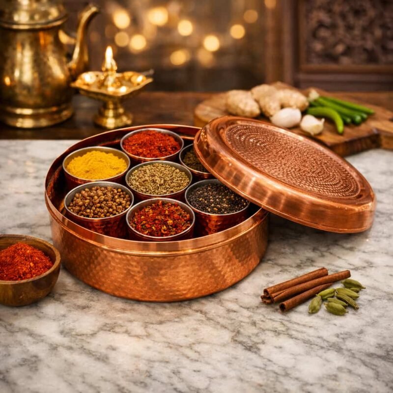 Copper Hammered Masala Dabba with 7 Compartments | Traditional Spice Box for Kitchen