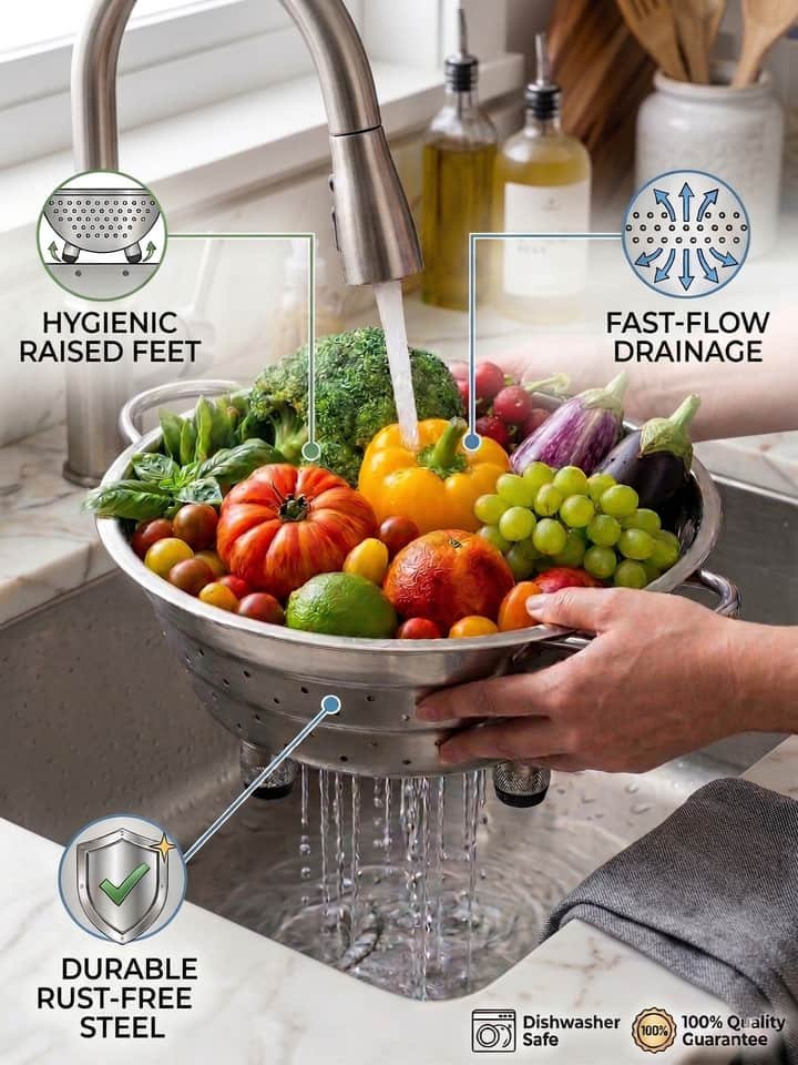 Stainless Steel Colander – Durable Kitchen Strainer for Washing & Draining Stainless Steel Colander – Durable Kitchen Strainer for Washing & Draining