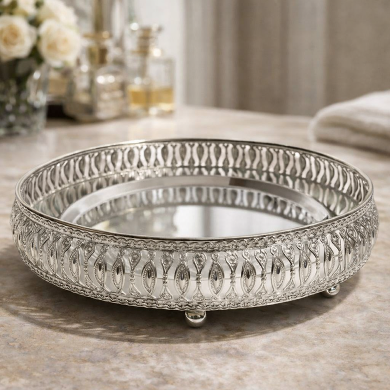 SF German Silver Round Serving Tray with Platinum Finish | Decorative Pooja and Dining Tray for Home