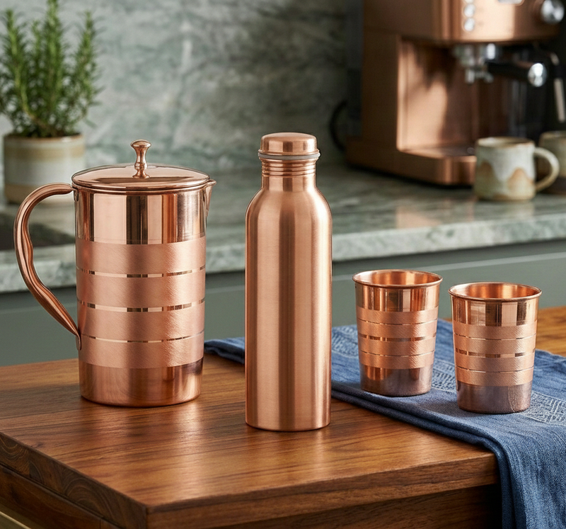 Copper Water Bottle, Jug And Glasses Combo 2000 ml Copper Bottle With Drinking Glasses (Pack of 4)