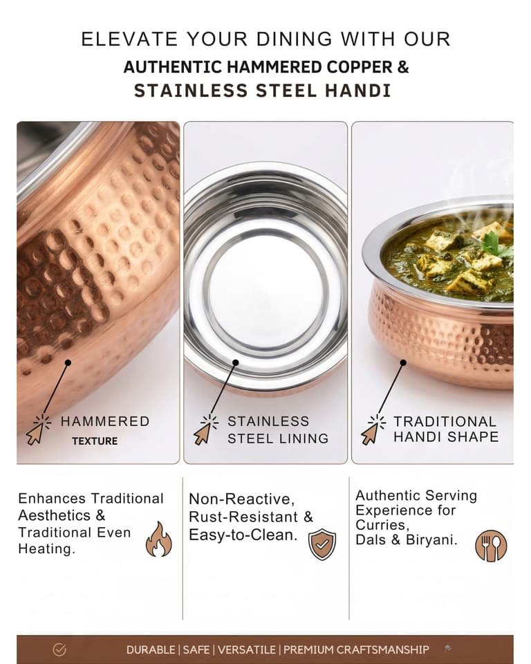 Pure Copper Cooking Handi with Stainless Steel Inner | Biryani Serving Handi Bowl
