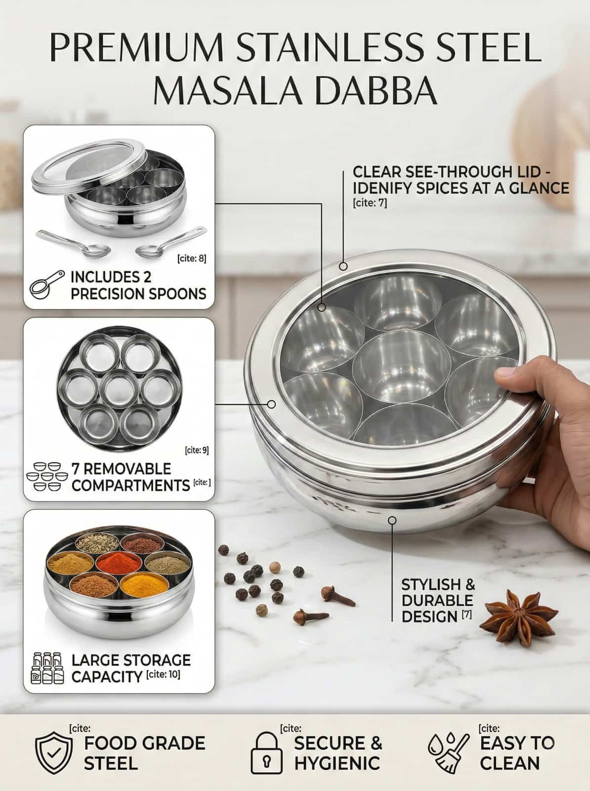 SF Stainless Steel Masala Dabba 7 Compartments with Lid and Spoons | Round Spice Box Container 2 Litre