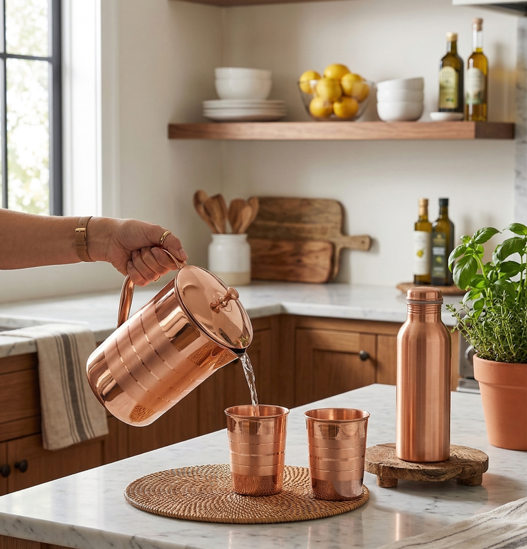 SF Copper Water Bottle, Jug And Glasses Combo 2000 ml Copper Bottle With Drinking Glasses (Pack of 4)