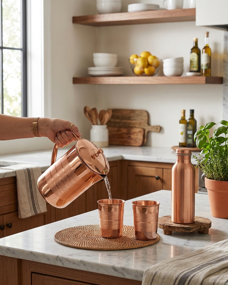 Copper Water Bottle, Jug And Glasses Combo 2000 ml Copper Bottle With Drinking Glasses (Pack of 4)