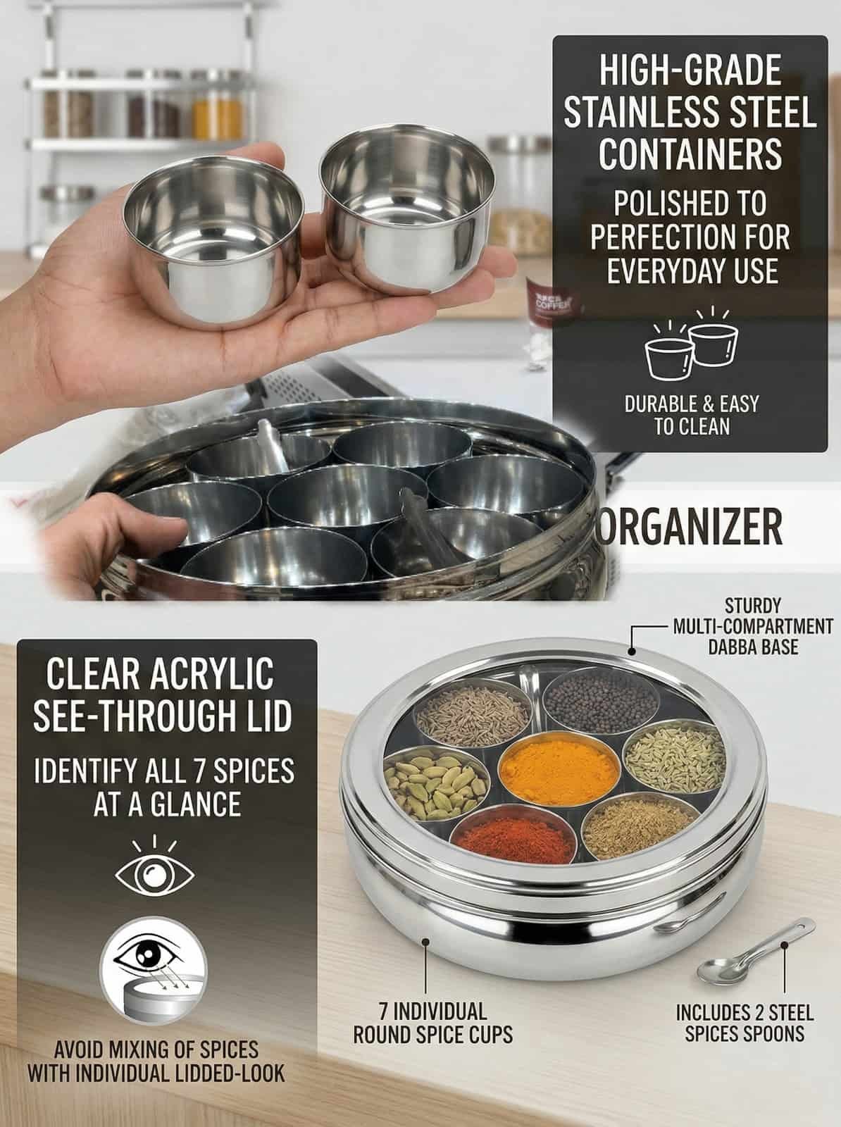 SF Stainless Steel Masala Dabba 7 Compartments with Lid and Spoons | Round Spice Box Container 2 Litre