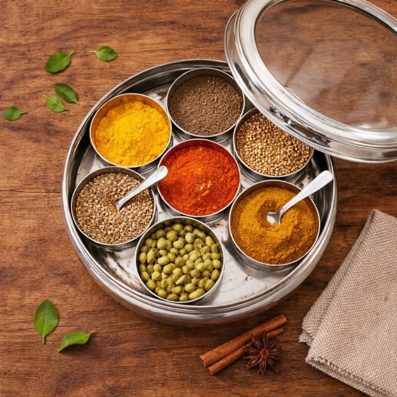 SF Stainless Steel Masala Dabba 7 Compartments with Lid and Spoons | Round Spice Box Container 2 Litre