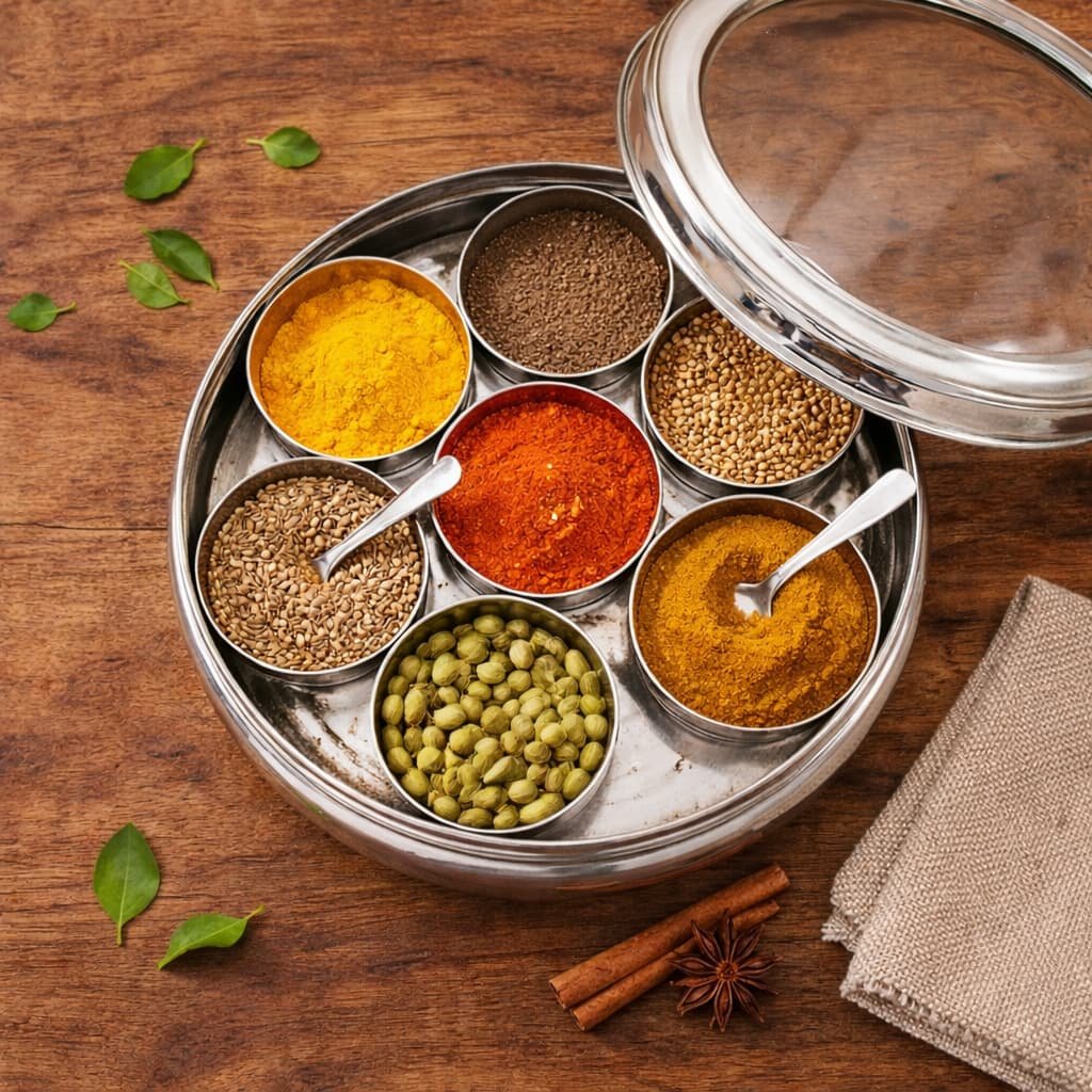 SF Stainless Steel Masala Dabba 7 Compartments with Lid and Spoons | Round Spice Box Container 2 Litre