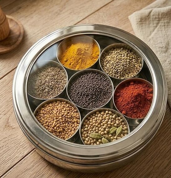 SF Stainless Steel Masala Dabba 7 Compartments with Lid and Spoons | Round Spice Box Container 2 Litre