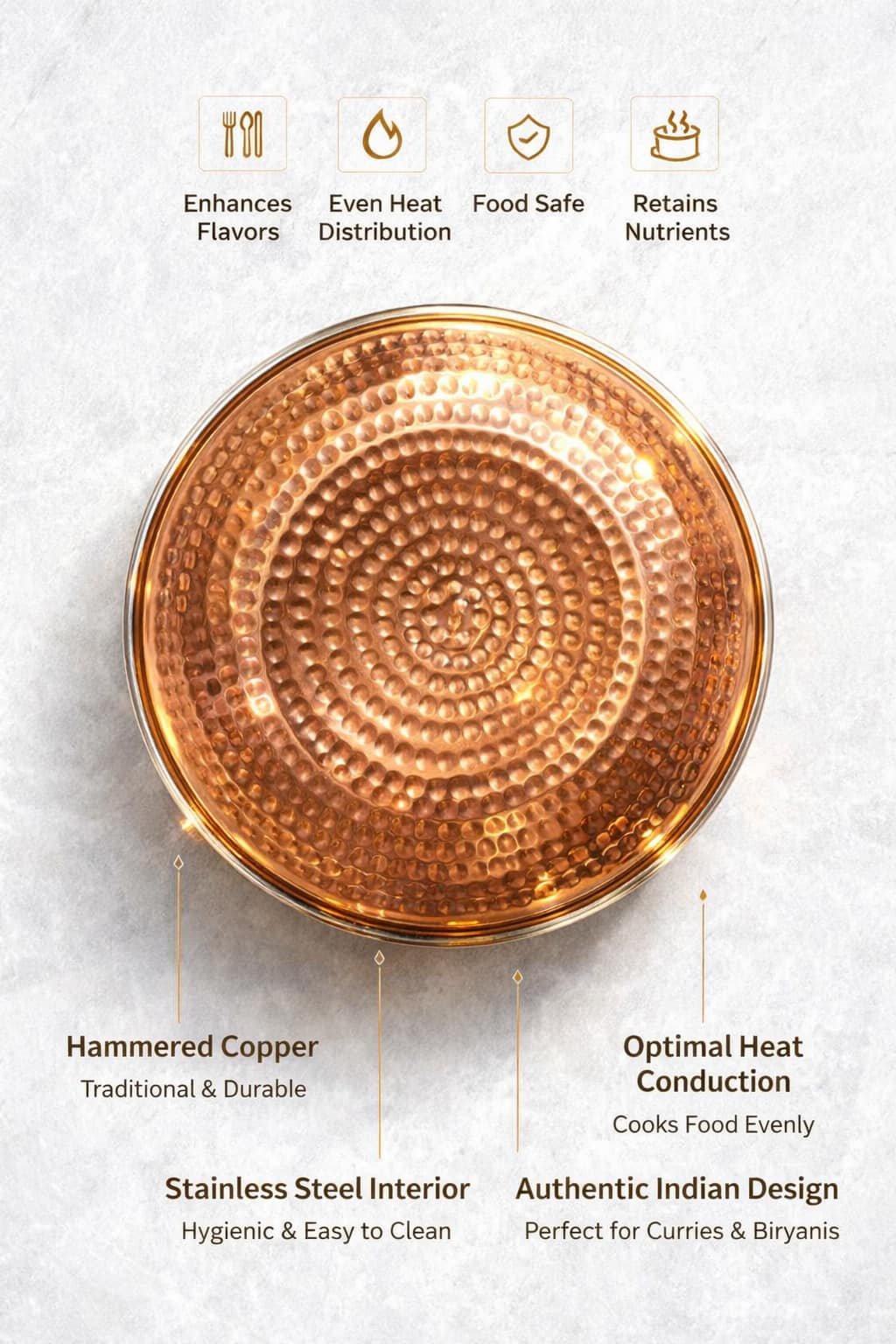 Pure Copper Cooking Handi with Stainless Steel Inner | Biryani Serving Handi Bowl