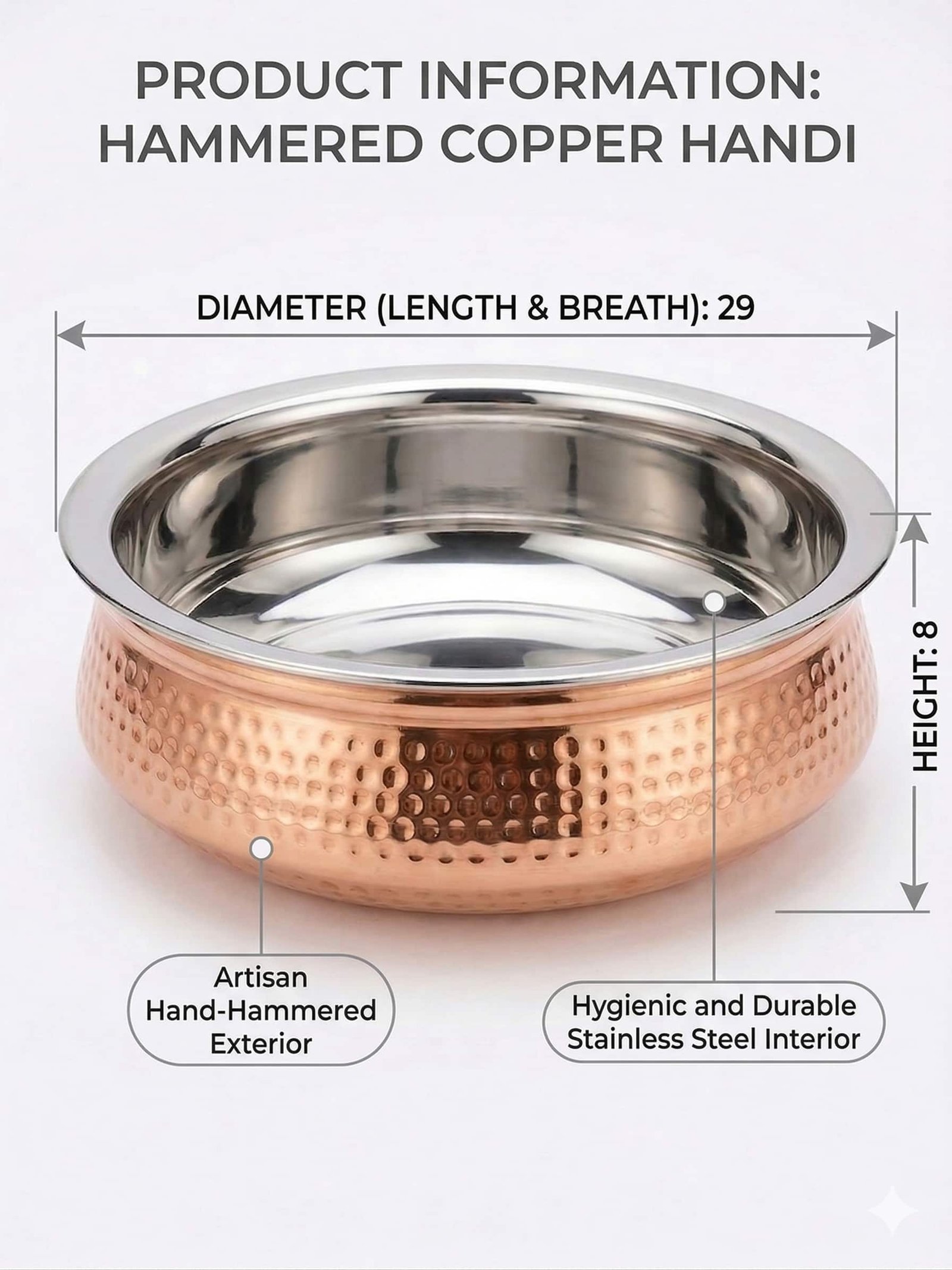 Pure Copper Cooking Handi with Stainless Steel Inner | Biryani Serving Handi Bowl