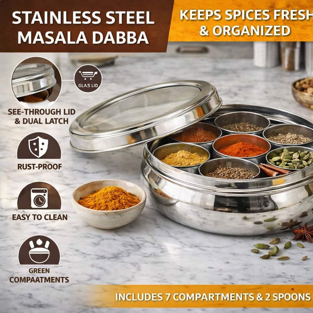 SF Stainless Steel Masala Dabba 7 Compartments with Lid and Spoons | Round Spice Box Container 2 Litre