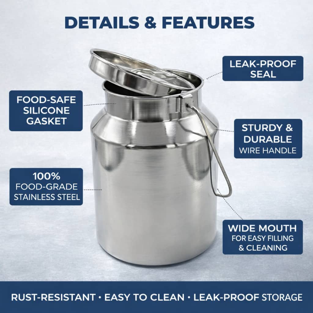Stainless Steel Milk Can 5000 ml with Lid & Handle – Heavy Duty Storage Container
