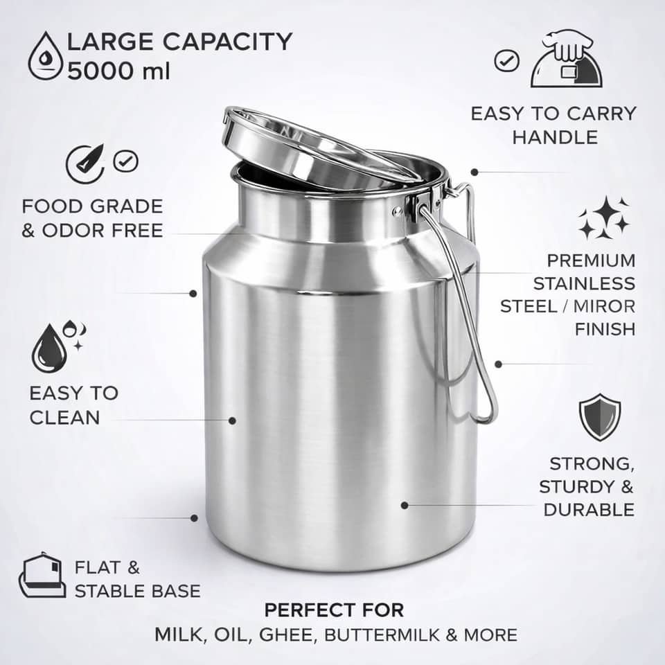 Stainless Steel Milk Can 5000 ml with Lid & Handle – Heavy Duty Storage Container