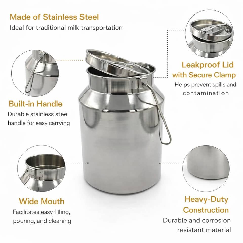 Stainless Steel Milk Can 5000 ml with Lid & Handle – Heavy Duty Storage Container