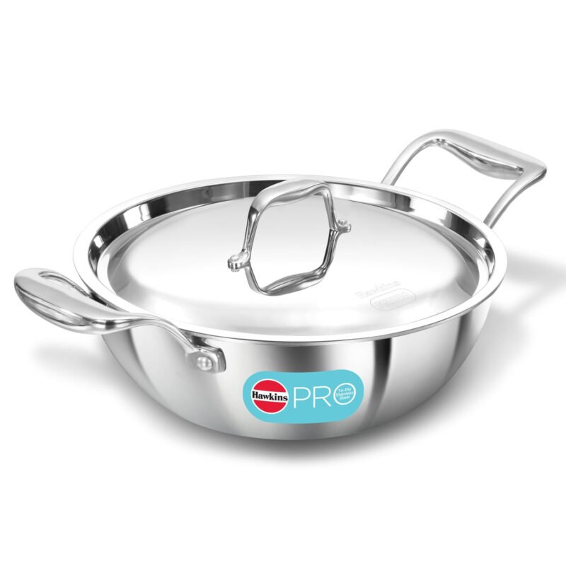 Hawkins Pro 2.5 Litre Deep-Fry Pan, Triply Stainless Steel Kadhai with Stainless Steel Handles and Stainless Steel Lid