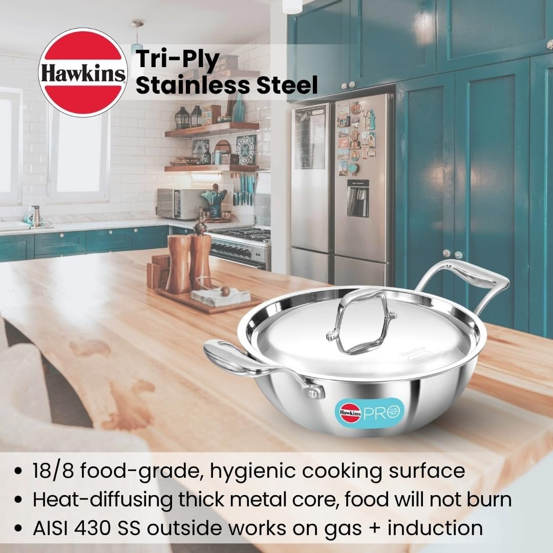 Hawkins Pro 2.5 Litre Deep-Fry Pan, Triply Stainless Steel Kadhai with Stainless Steel Handles and Stainless Steel Lid