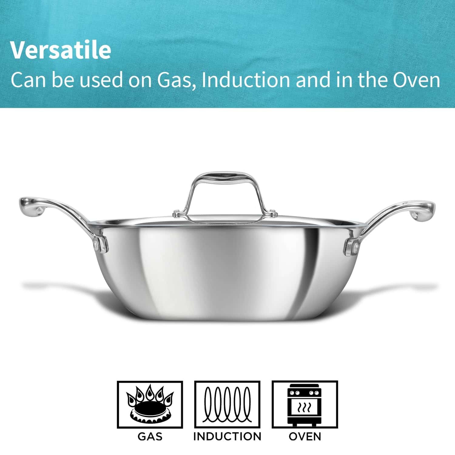 Hawkins Pro 2.5 Litre Deep-Fry Pan, Triply Stainless Steel Kadhai with Stainless Steel Handles and Stainless Steel Lid