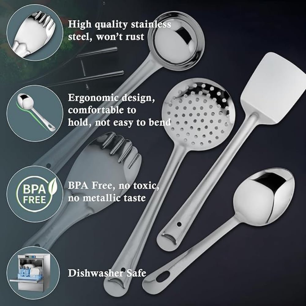 Stainless Steel Kitchen Tools Set (Pack of 5) – Durable Cooking & Serving Spoon Set for Everyday Kitchen Use