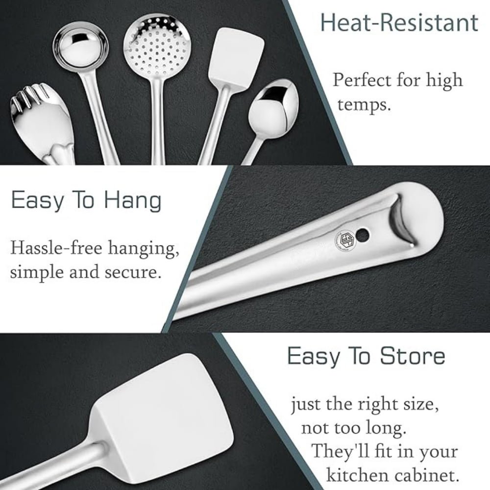 Stainless Steel Kitchen Tools Set (Pack of 5) – Durable Cooking & Serving Spoon Set for Everyday Kitchen Use
