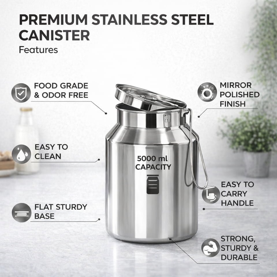 Stainless Steel Milk Can 5000 ml with Lid & Handle – Heavy Duty Storage Container