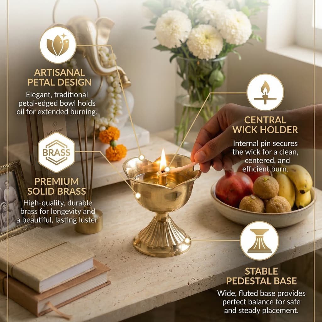 Brass Lotus Deep Diya, Traditional Oil Lamp for Pooja