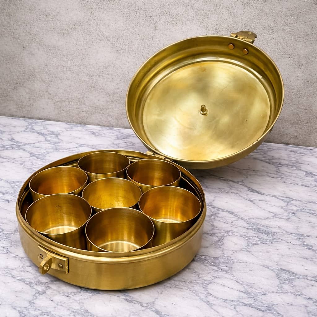 Brass Antique Masala Box with Lid – 2-in-1 Traditional Spice Container & Storage Box