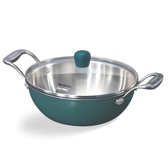 Hawkins 2.5 Litre Triply Stainless Steel Olive Kadhai | Easy-Clean Ceramic Exterior | with Glass Lid | Green