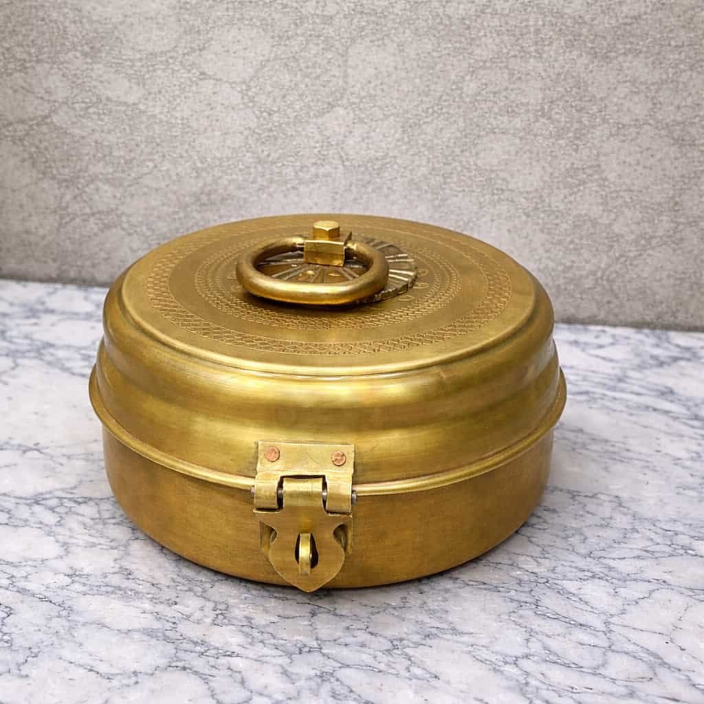 Brass Antique Masala Box with Lid – 2-in-1 Traditional Spice Container & Storage Box