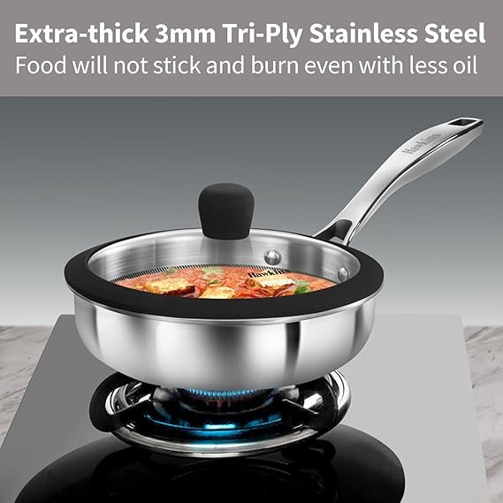 Hawkins 18 cm Triply Stainless Steel Pro Frying Pan | Induction & Gas Compatible | No Burning | Even Heating | with Glass Lid