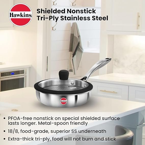 Hawkins 18 cm Triply Stainless Steel Pro Frying Pan | Induction & Gas Compatible | Even Heating | with Glass Lid