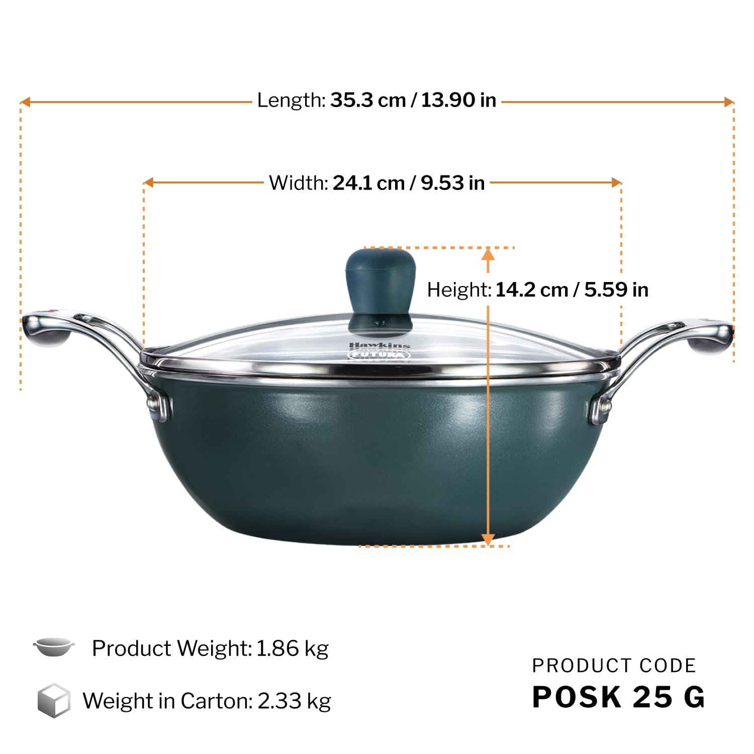 Hawkins 2.5 Litre Triply Stainless Steel Olive Kadhai | Easy-Clean Ceramic Exterior | with Glass Lid | Green