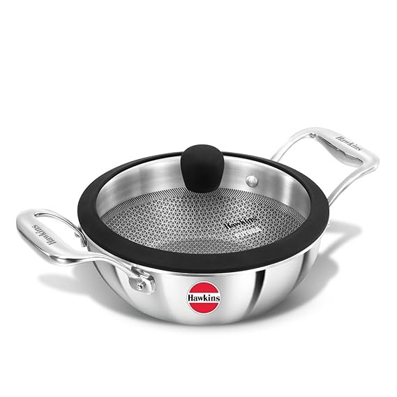 Hawkins Pro 1.5 Litre Shielded Nonstick Triply Deep-Fry Pan, Kadhai with Stainless Steel Handles and Glass Lid
