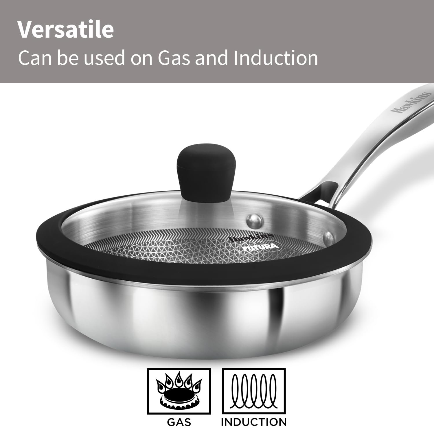 Hawkins 18 cm Triply Stainless Steel Pro Frying Pan | Induction & Gas Compatible | No Burning | Even Heating | with Glass Lid
