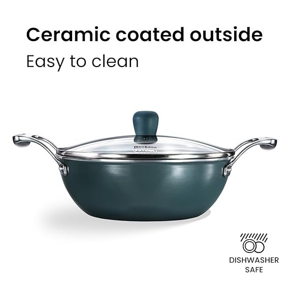 Hawkins 2.5 Litre Triply Stainless Steel Olive Kadhai | Easy-Clean Ceramic Exterior | with Glass Lid | Green