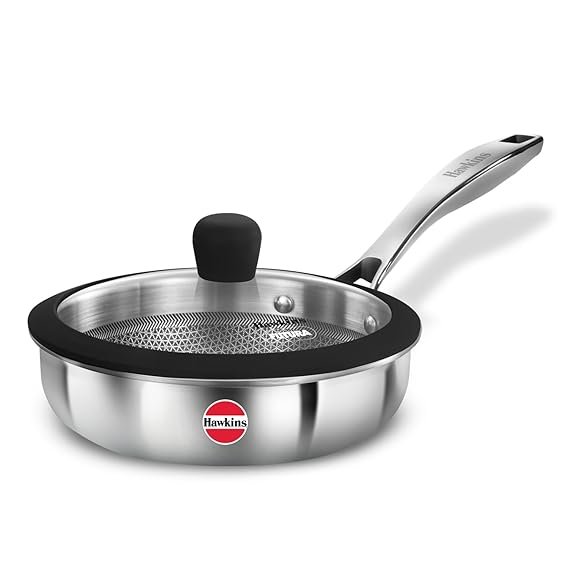 Hawkins 18 cm Triply Stainless Steel Pro Frying Pan | Induction & Gas Compatible | Even Heating | with Glass Lid