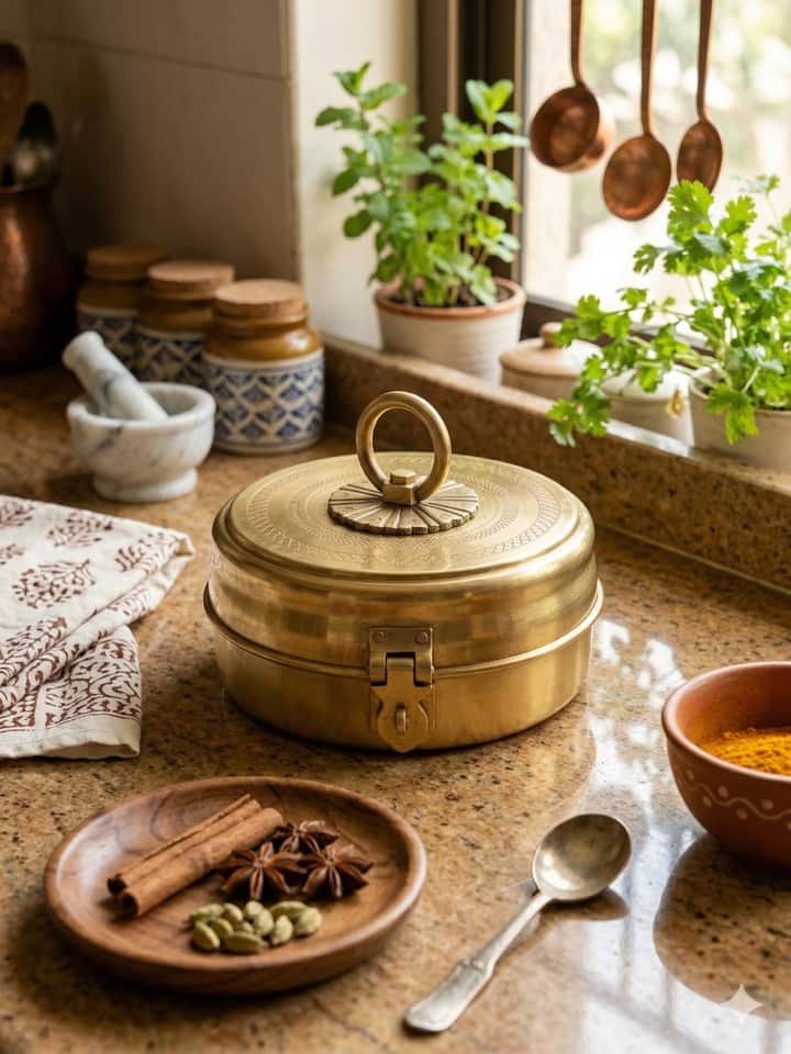 Brass Antique Masala Box with Lid – 2-in-1 Traditional Spice Container & Storage Box