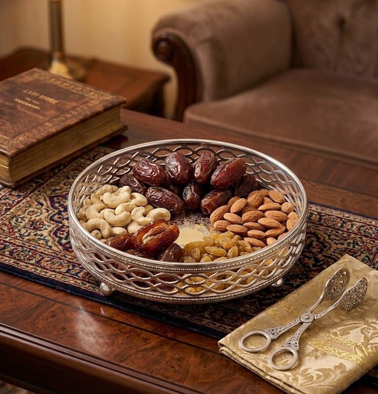 German Silver Gift Tray Decorative Round Serving Tray | Premium Dry Fruit Tray