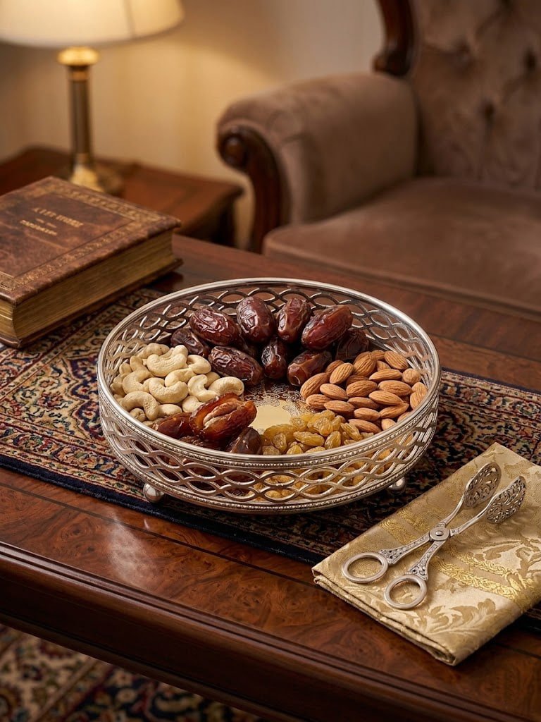 German Silver Finish Decorative Round Serving Tray | Premium Dry Fruit Tray