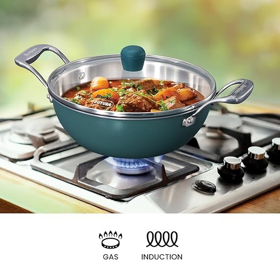 Hawkins 2.5 Litre Triply Stainless Steel Olive Kadhai | Easy-Clean Ceramic Exterior | with Glass Lid | Green