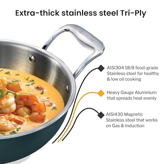 Hawkins 2.5 Litre Triply Stainless Steel Olive Kadhai | Easy-Clean Ceramic Exterior | with Glass Lid | Green