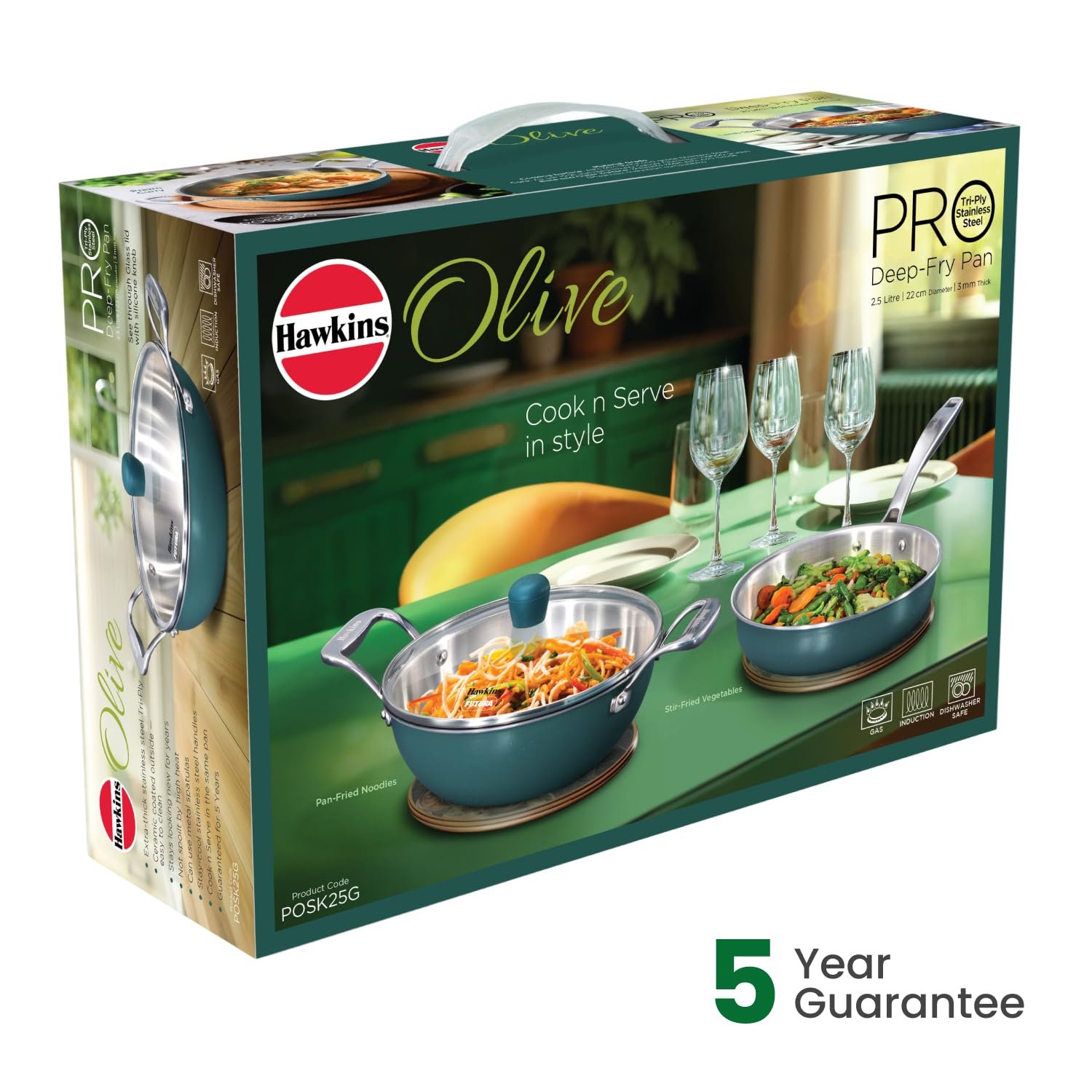 Hawkins 2.5 Litre Triply Stainless Steel Olive Kadhai | Easy-Clean Ceramic Exterior | with Glass Lid | Green