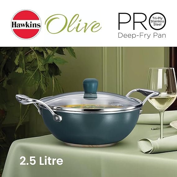 Hawkins 2.5 Litre Triply Stainless Steel Olive Kadhai | Easy-Clean Ceramic Exterior | with Glass Lid | Green
