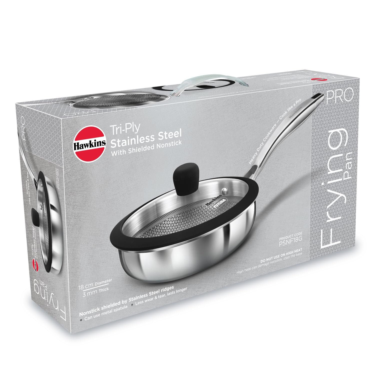 Hawkins 18 cm Triply Stainless Steel Pro Frying Pan | Induction & Gas Compatible | No Burning | Even Heating | with Glass Lid