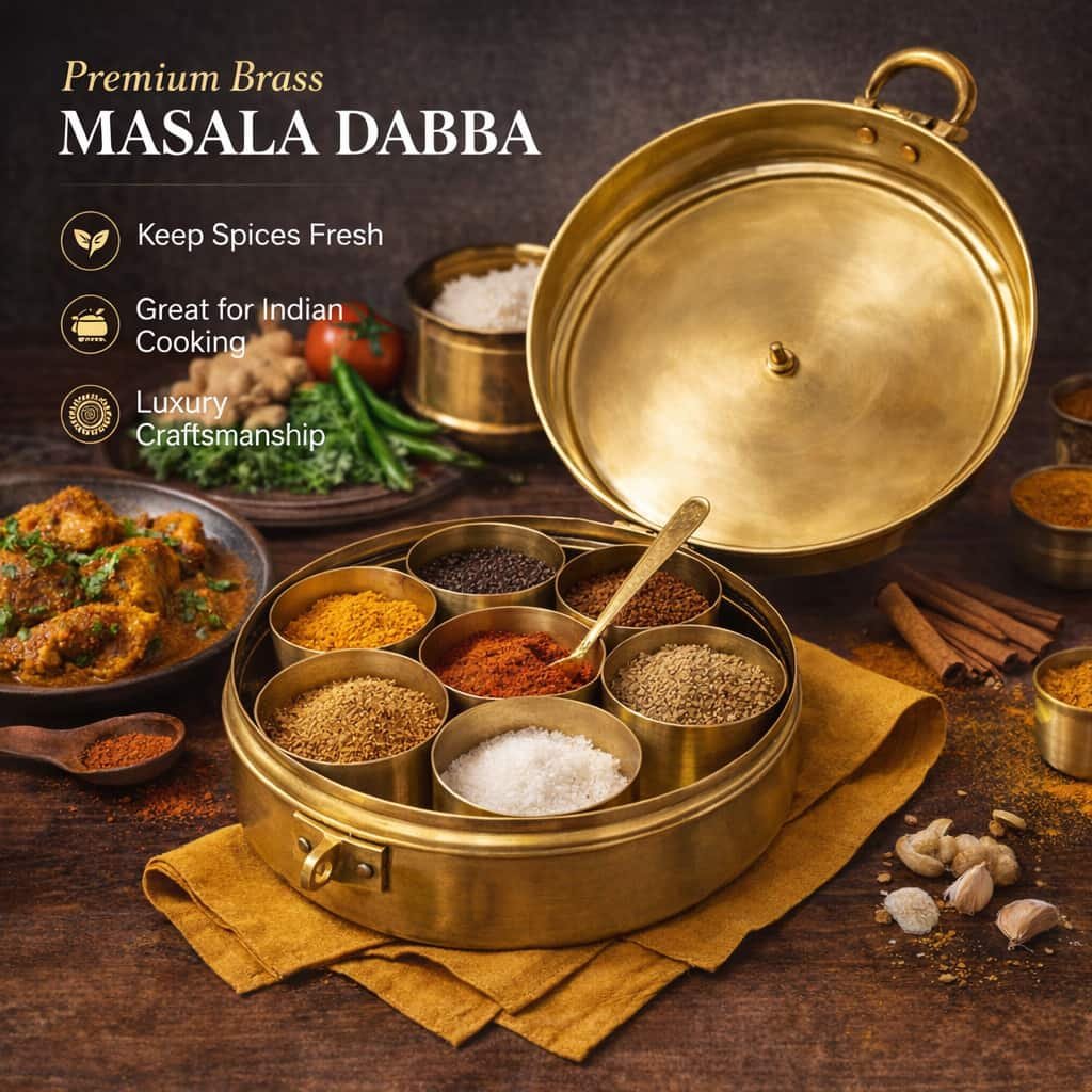 Brass Antique Masala Box with Lid – 2-in-1 Traditional Spice Container & Storage Box